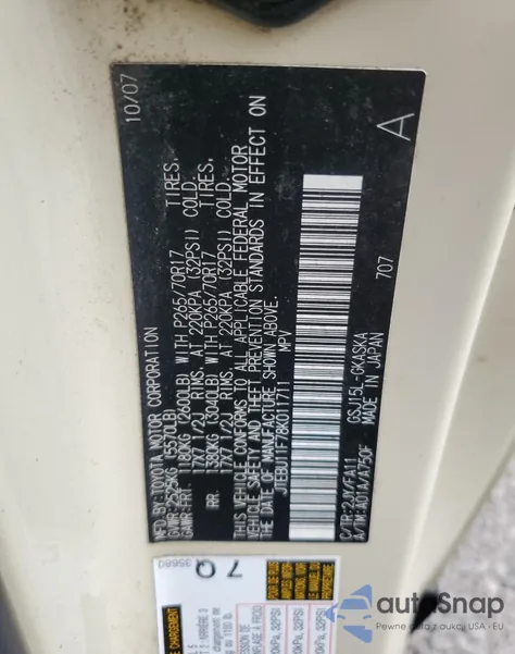 2008 Toyota Fj Cruiser from USA, damaged, VIN JTEBU11F78K011711